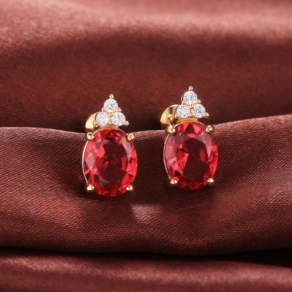 Jewelry - Beautiful Big Red Oval Zircon 14K Gold Plated Stud Earrings for Women, VP1022